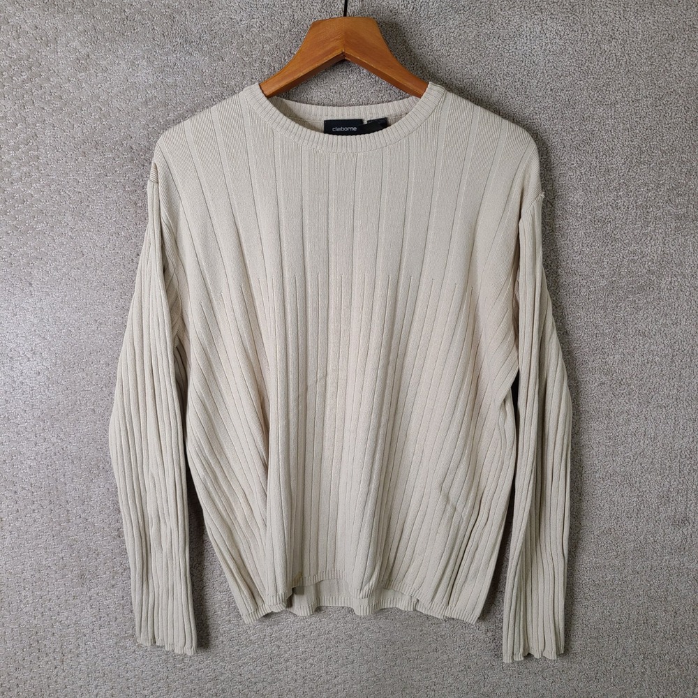 Claiborne Sweater Mens Large Beige Ribbed Knit‎ Rayon Nylon Crew Neck Casual